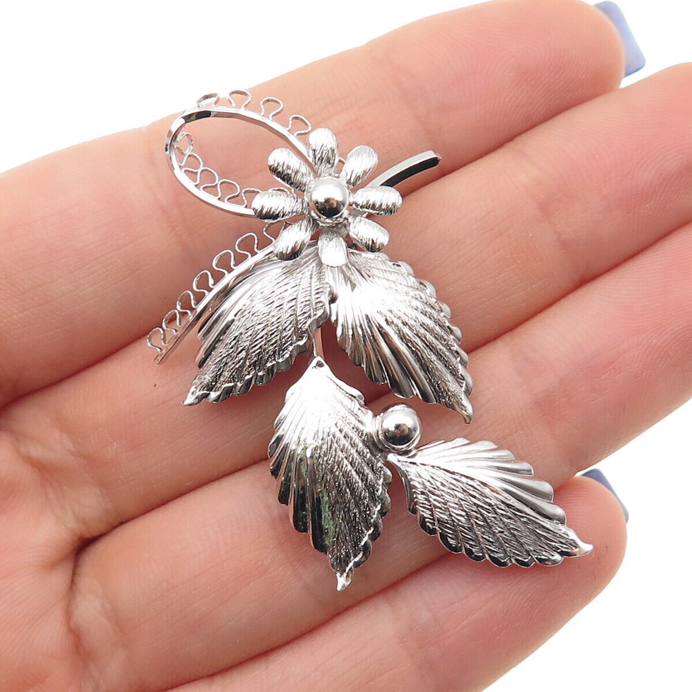 Star-Art 925 Sterling Silver Antique Art Deco Flower & Leaf Oxidized Pin Brooch